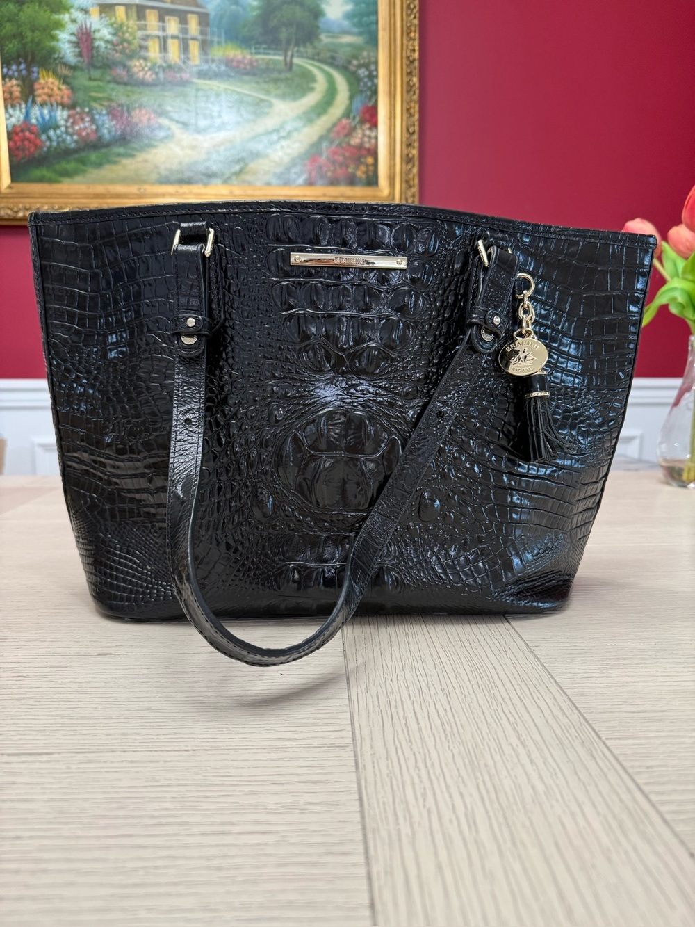 Brahmin Black Croc-Embossed Leather Tote with Tassel Charm